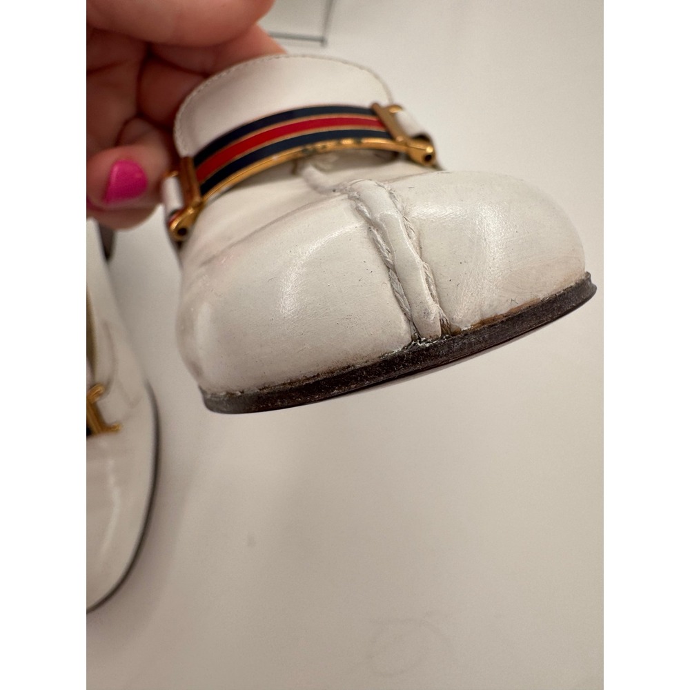 Gucci Vintage White Leather Block Heel Loafers Web Stripe Enamel Pumps IT 34 US4 - Picture 8 of 8